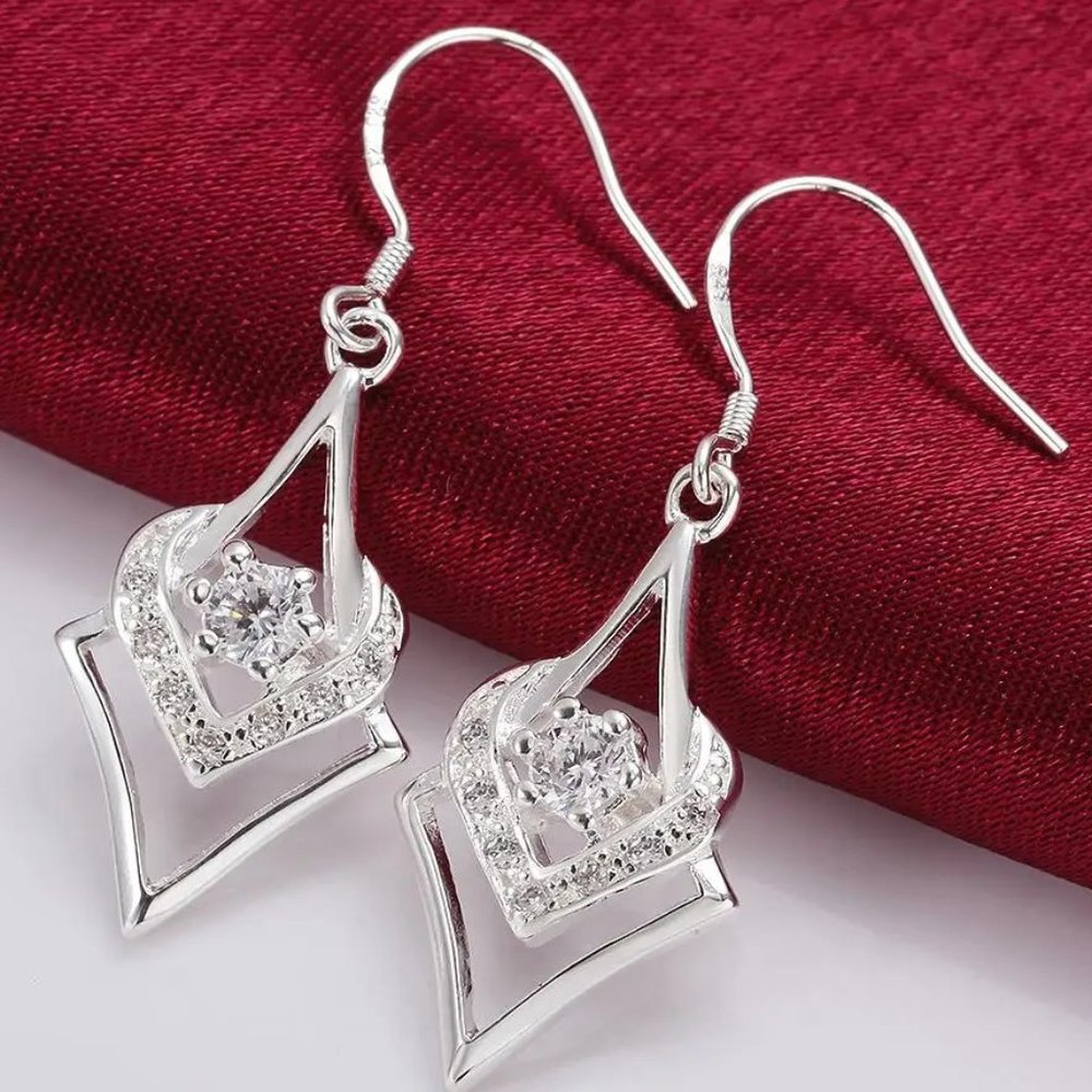 Cute Sterling Silver Small Point & Hear Drop Earrings CZ Stud " Hypoallergenic "